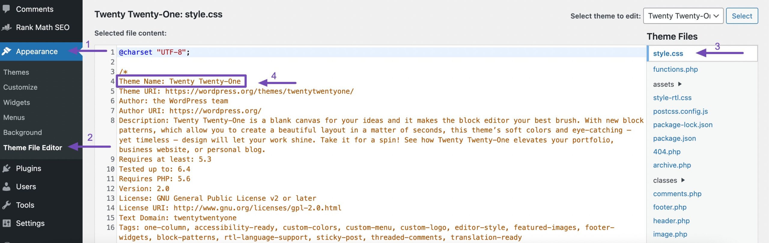 style.css 파일 편집해서 워드프레스 테마 이름을 숨기는 방법